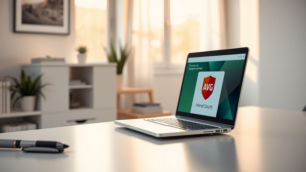 Een laptop toont AVG Internet Security in een stijlvol thuiskantoor. Een laptop toont AVG Internet Security in een stijlvol thuiskantoor.