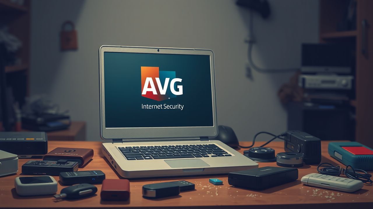 Een oude laptop met AVG Internet Security logo op tafel.