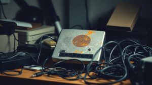 Een oude, stoffige modem op een rommelig bureau, verbeeldt frustratie over internetproblemen.