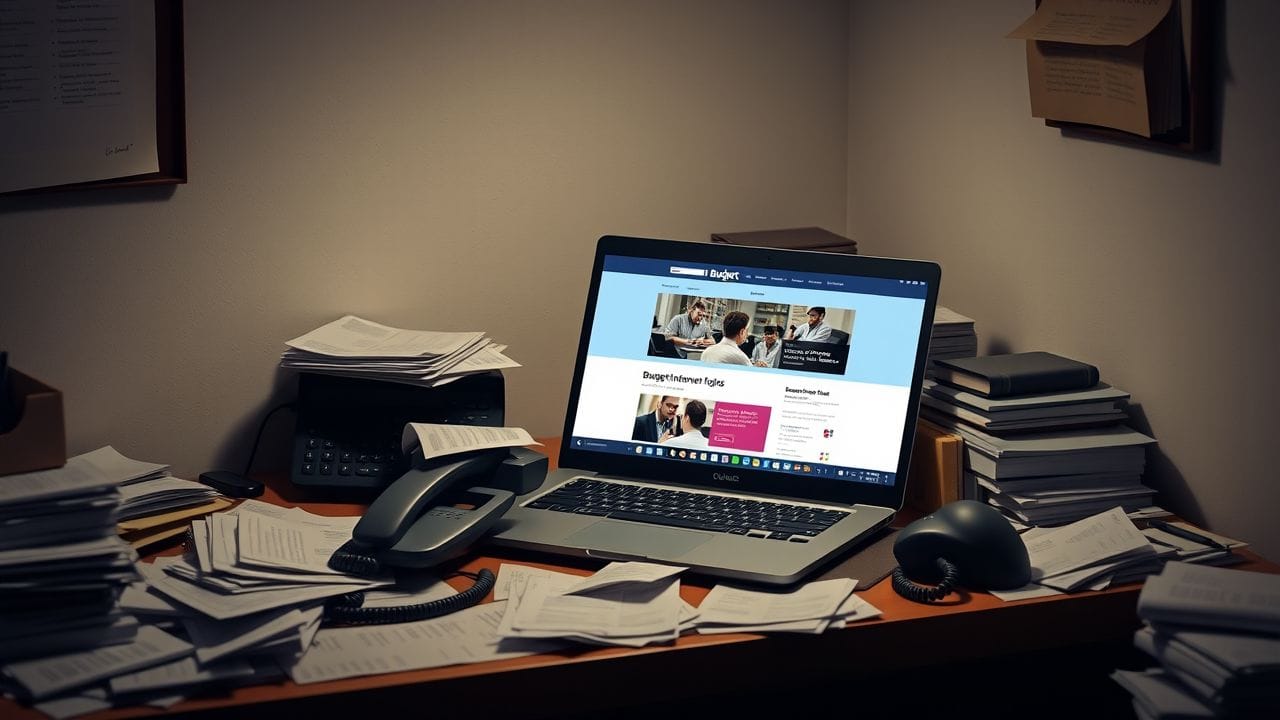 Een rommelig kantoor met een laptop, rekeningen en een vaste telefoon.