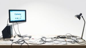 Een rommelig bureau met Caiway internetbeoordeling en verwarde kabels.