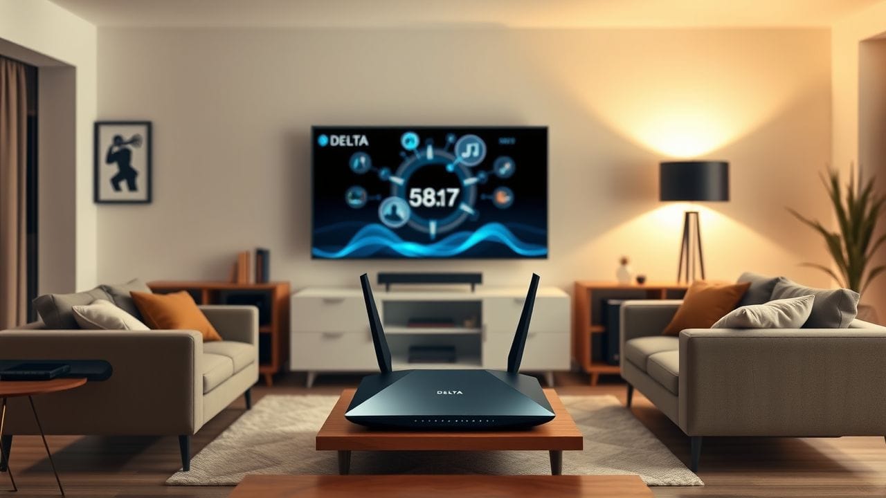 Een moderne woonkamer met Delta internetrouter en interactieve TV-opstelling.