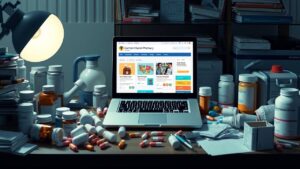 Een laptop toont Duitse internetapotheekrecensiewebsites temidden van farmaceutische items op een rommelig bureau.