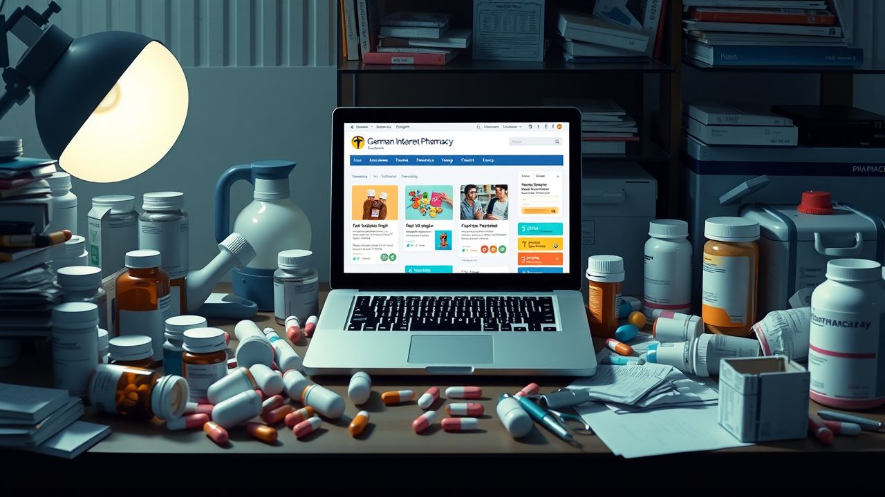 Een laptop toont Duitse internetapotheekrecensiewebsites temidden van farmaceutische items op een rommelig bureau.