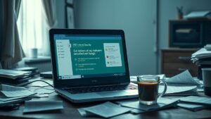 Een oude laptop toont malwarewaarschuwingen in een rommelig kantoor.