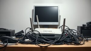 Een oude, rommelige router omringd door verwarde kabels op een bureau.