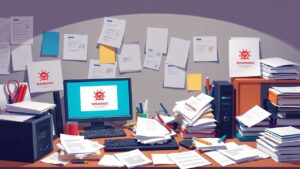 Een rommelig kantoorbureau met viruswaarschuwingen op elektronische apparaten.