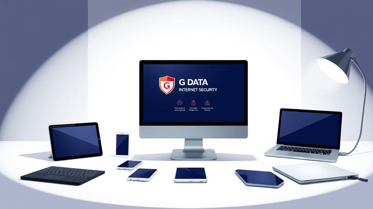 Een computer scherm toont de G DATA Internet Security interface omringd door verschillende elektronische apparaten in een moderne kamer. Een computer scherm toont de G DATA Internet Security interface omringd door verschillende elektronische apparaten in een moderne kamer.