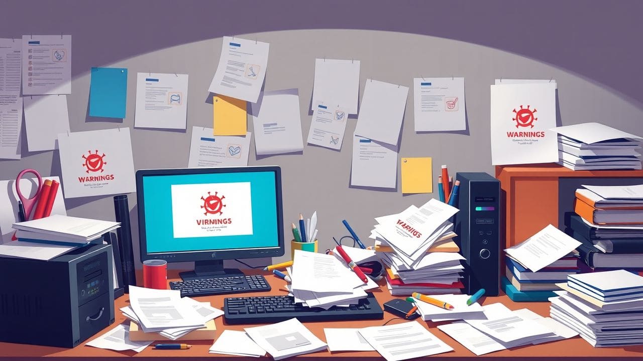 Een rommelig kantoorbureau met viruswaarschuwingen op elektronische apparaten.