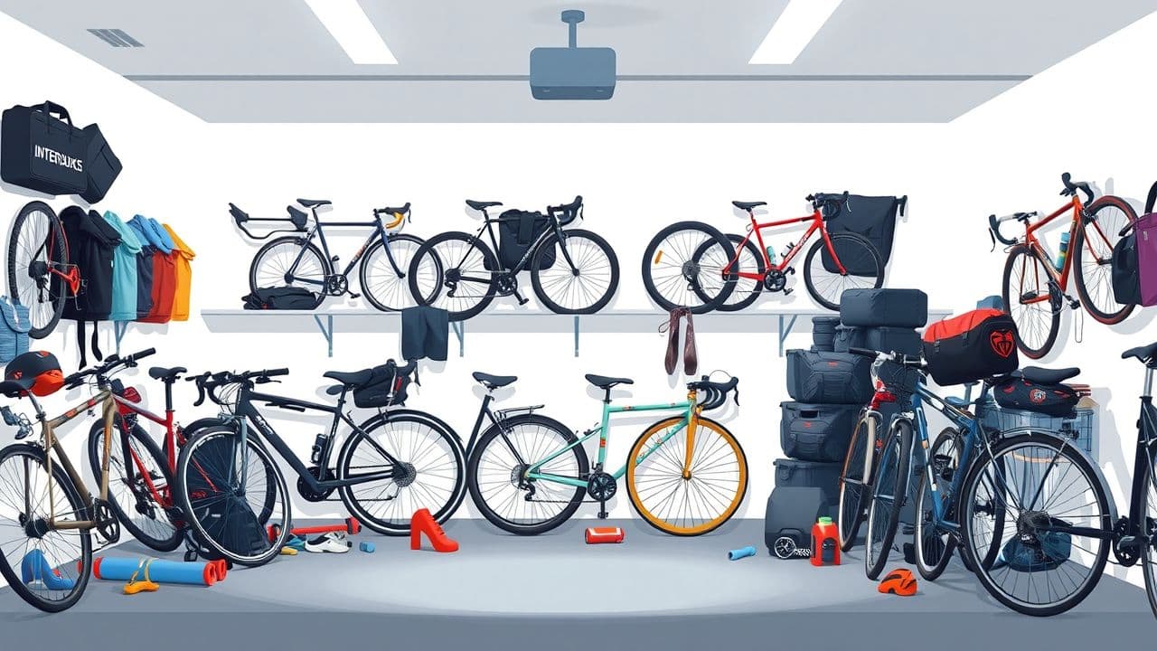 Een rommelige fietsenstalling met diverse fietsen en accessoires. Een rommelige fietsenstalling met diverse fietsen en accessoires.