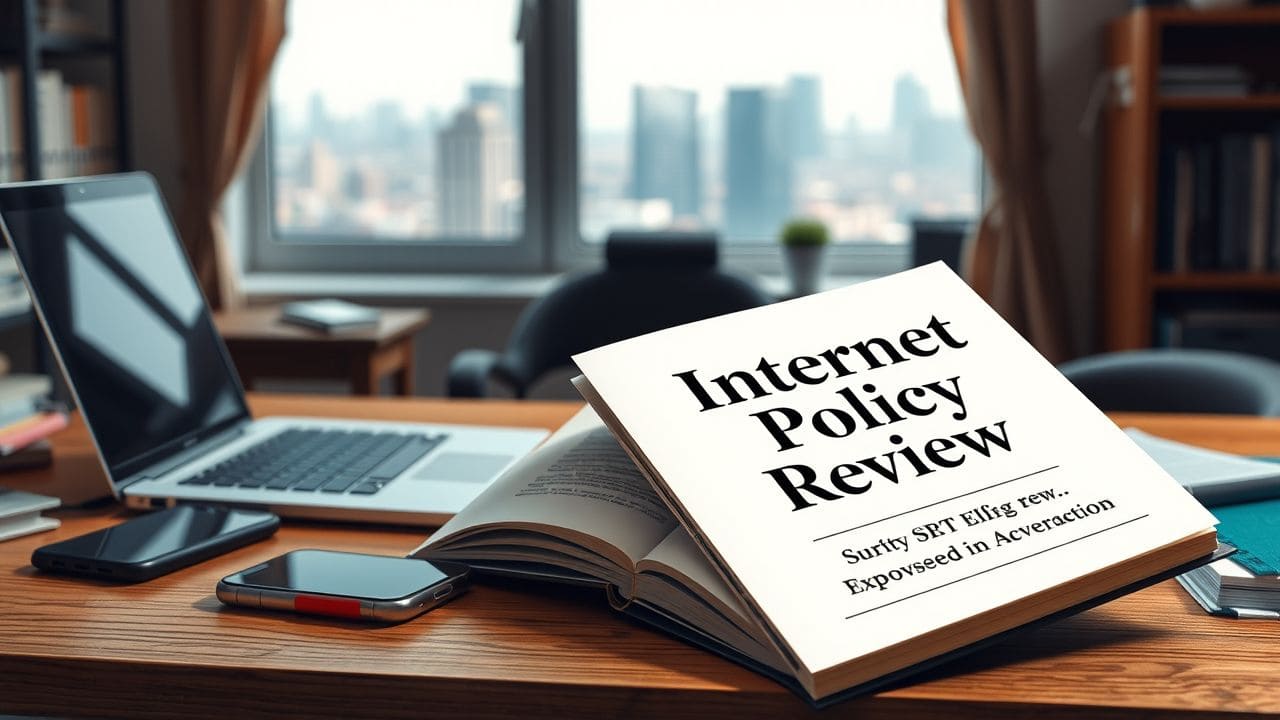 Een open boek genaamd 'Internet Policy Review' ligt op een bureau tussen moderne technologie in een gezellig thuiskantoor.
