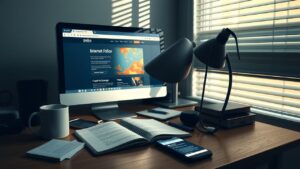 Een rommelig bureau met een computer, notitieboek en smartphone.