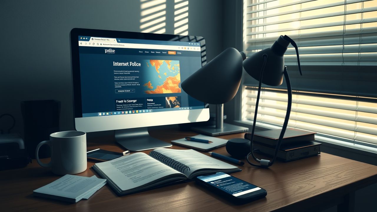 Een rommelig bureau met een computer, notitieboek en smartphone.