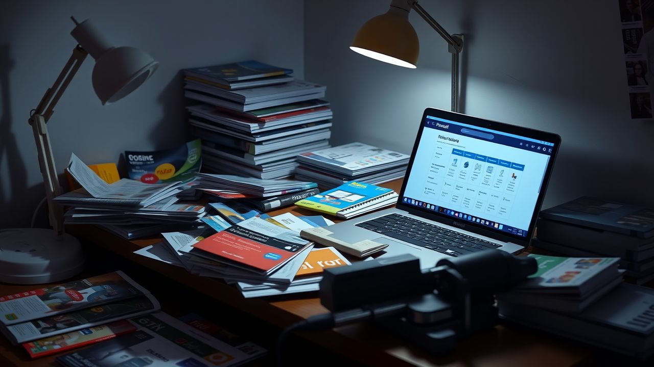 Een rommelig bureau met internet provider brochures en laptop zoekopdracht.