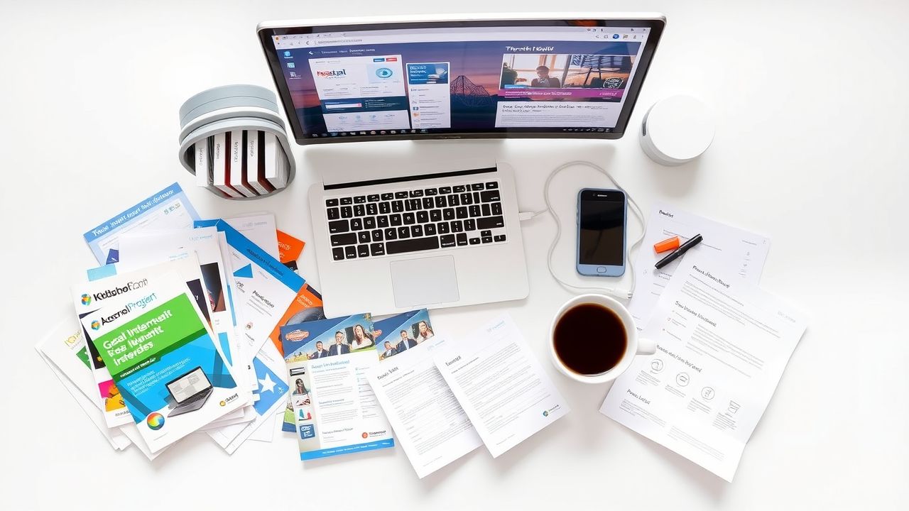 Een rommelig bureau met brochures van internetproviders en een laptop.