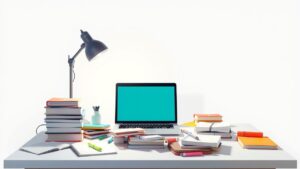 Een rommelig bureau met open laptop, notitieboeken en highlighters.