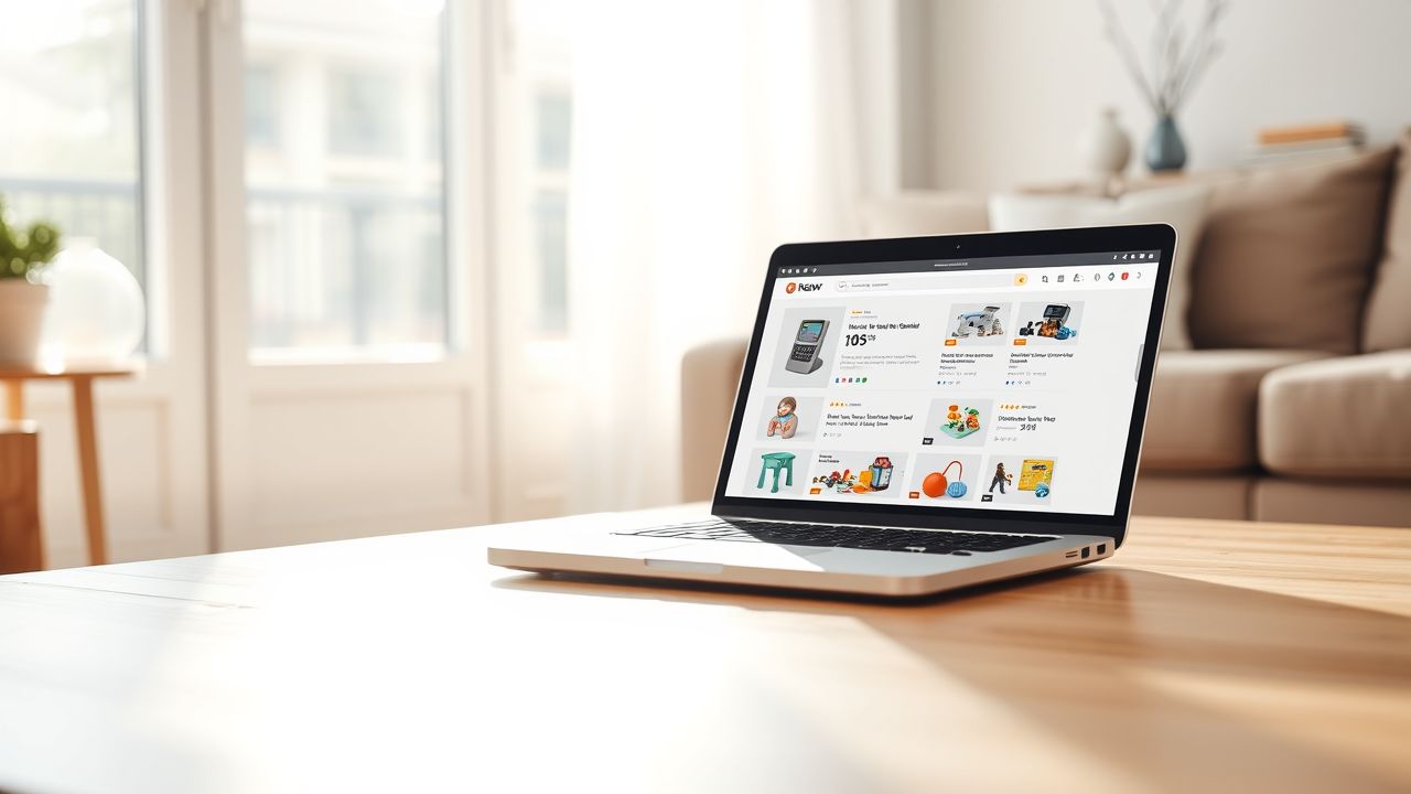 Een open laptop toont speelgoedproducten en klantrecensies in een gezellige woonkamer. Een open laptop toont speelgoedproducten en klantrecensies in een gezellige woonkamer.