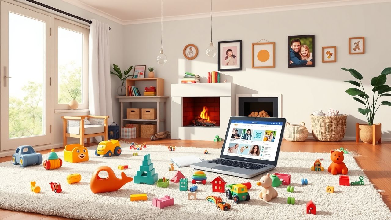 Een gezellige woonkamer vol met kinderspeelgoed en een open laptop.