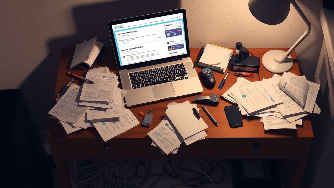 Een rommelig bureau met een open laptop en kabels.