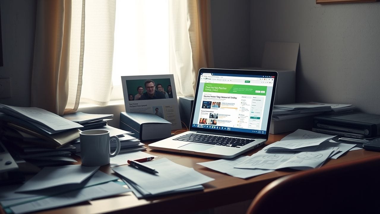 Een rommelig bureau met open laptop en koffiemok.