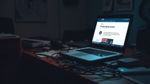 Een rommelig bureau met een open laptop en een VPN-website.