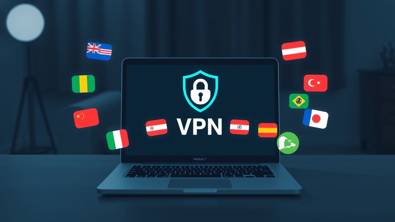 Een laptop scherm toont een VPN logo omringd door wereldvlaggen. Een laptop scherm toont een VPN logo omringd door wereldvlaggen.