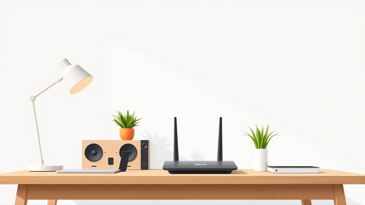 Een modern thuiskantoor met georganiseerde werkruimte en Solcon-router. Een modern thuiskantoor met georganiseerde werkruimte en Solcon-router.