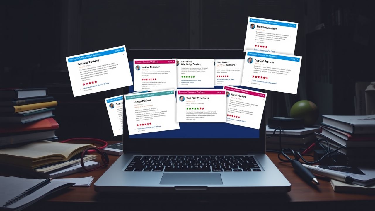 Een verwarrende zoektocht naar de juiste internetprovider op een rommelig bureau.