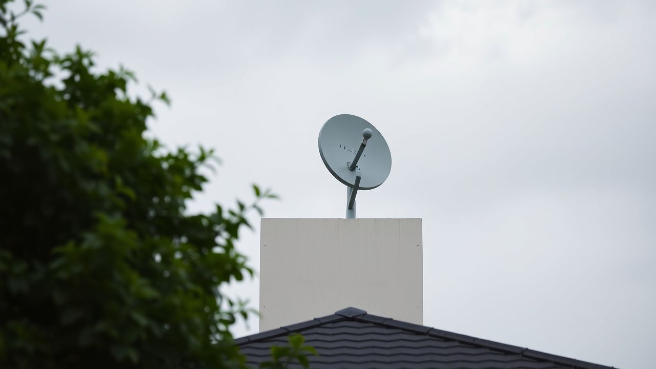 Een satellietschotel op een dakterras met groen omgeven. Een satellietschotel op een dakterras met groen omgeven.