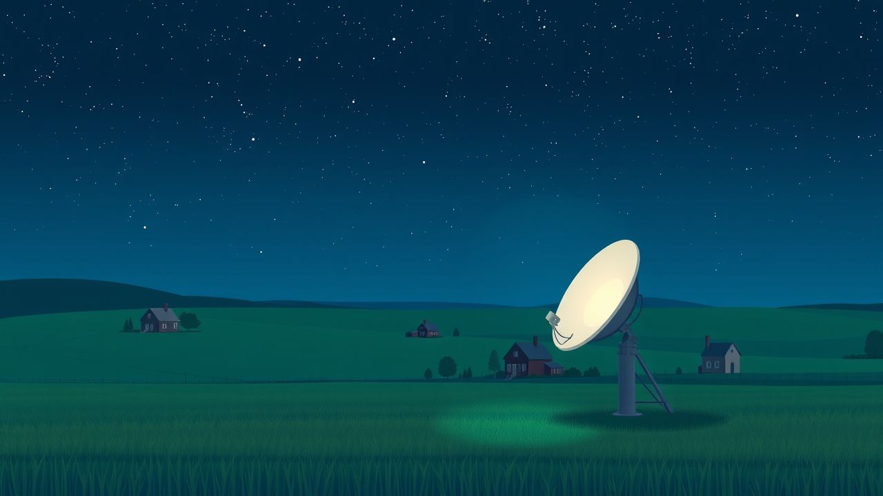 Een satellietschotel gericht op de nachtelijke hemel, omringd door landelijke huizen.