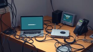 Een rommelig bureau met knoop van kabels en technische problemen.