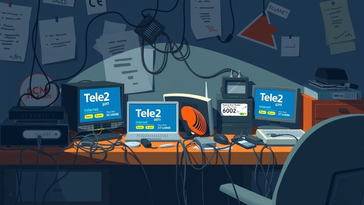 Een rommelig bureau met verschillende internetapparaten en kabels. Een rommelig bureau met verschillende internetapparaten en kabels.