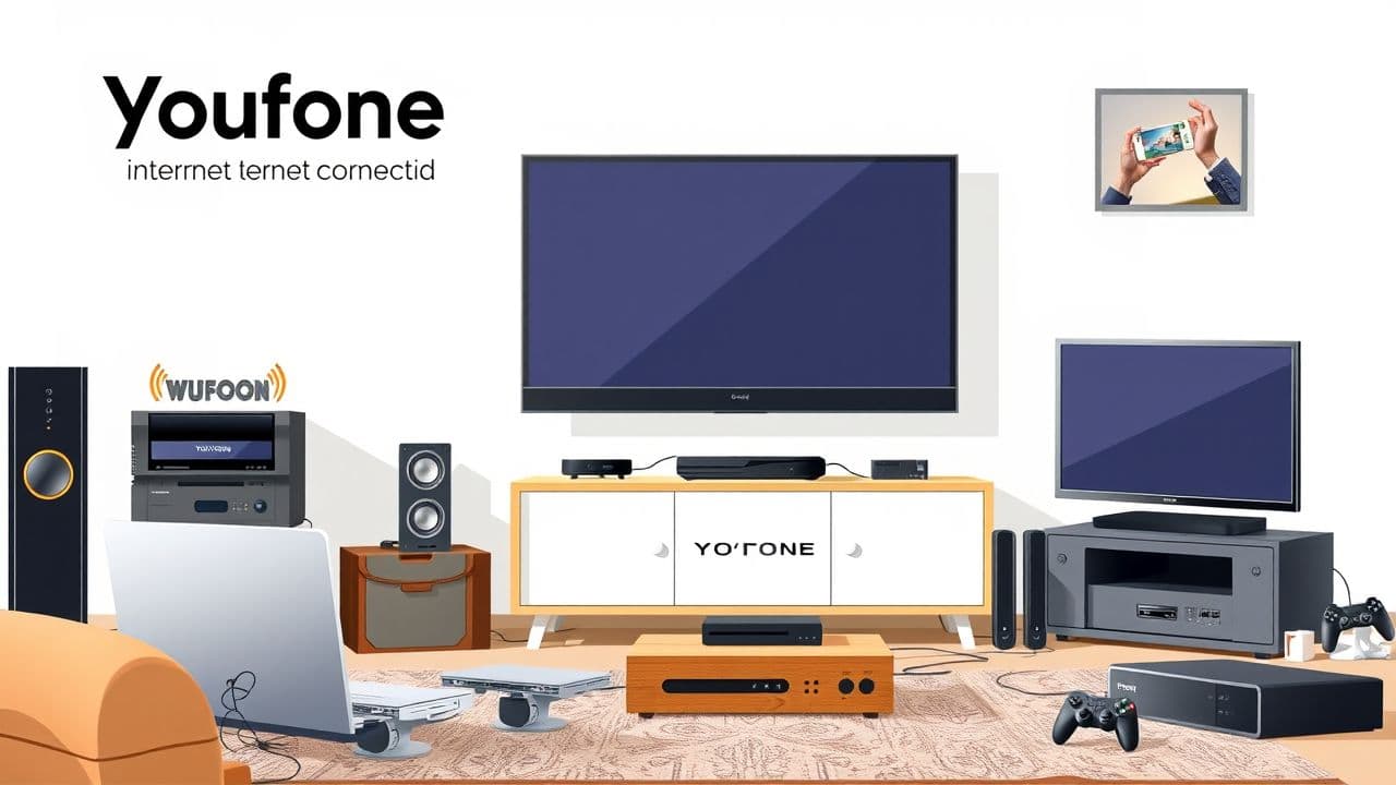 Een rommelige woonkamer met Youfone internet en elektronische apparaten.