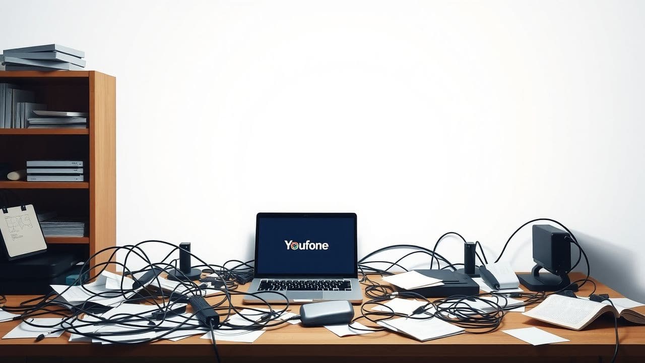 Een rommelig thuiskantoor met een Youfone laptop en kabels.