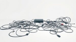 Een rommelige wirwar van kabels leidt naar een knipperende modem.