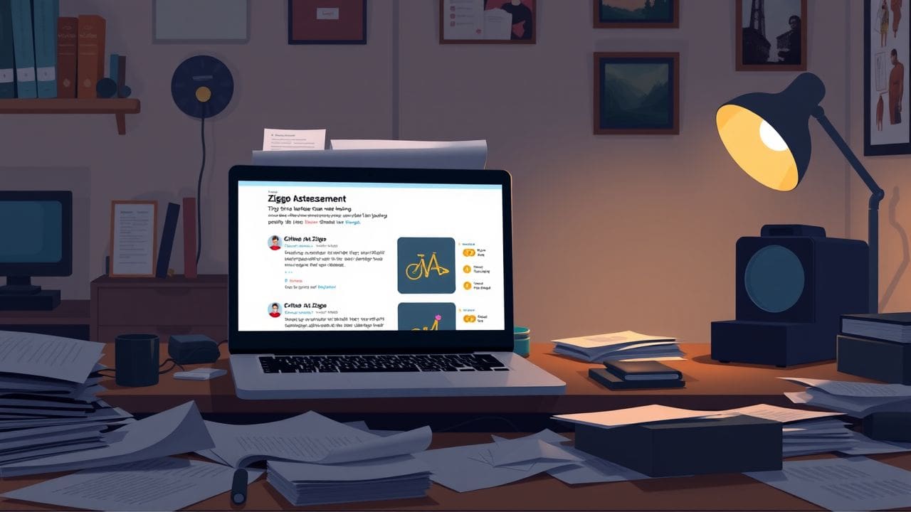 Een rommelig thuiskantoor met beoordelingen van Ziggo’s internetdiensten op de laptop. Een rommelig thuiskantoor met beoordelingen van Ziggo's internetdiensten op de laptop.