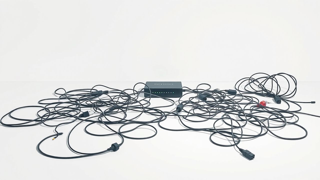 Een rommelige wirwar van kabels leidt naar een knipperende modem.