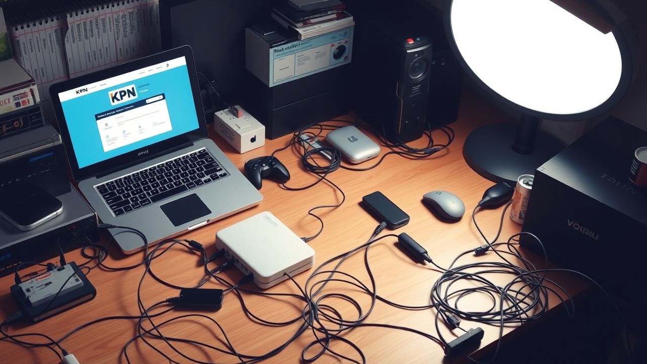 Een rommelig bureau met gadgets, kabels en een laptop met KPN internethomepage.